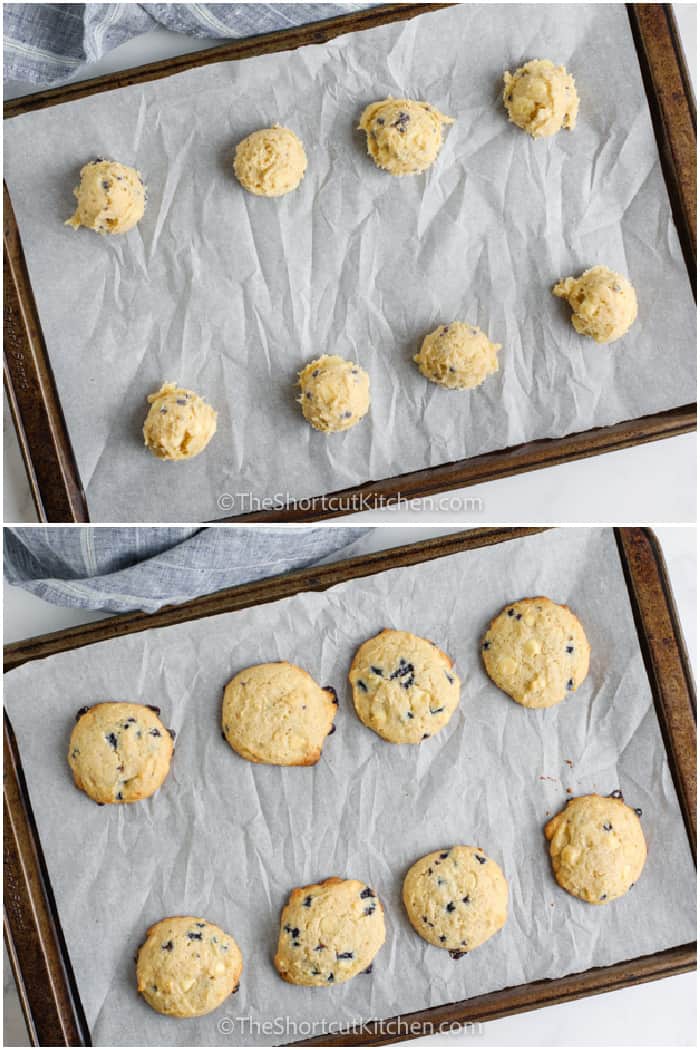 Blueberry Cheesecake Cookies on a parchment lined cookie sheet before and after they have been baked.