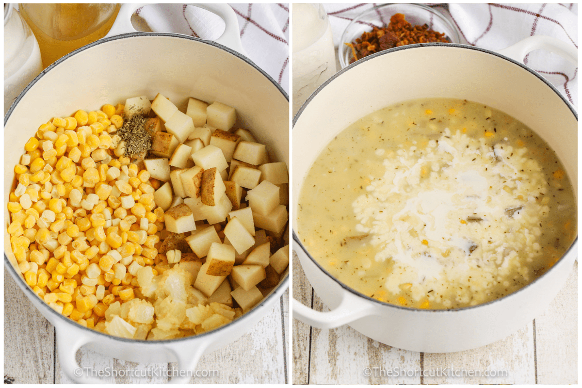 process of adding ingredients to the pot to make Easy Potato Corn Chowder