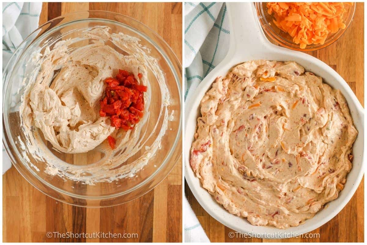 process of adding ingredients together to make Easy Taco Dip