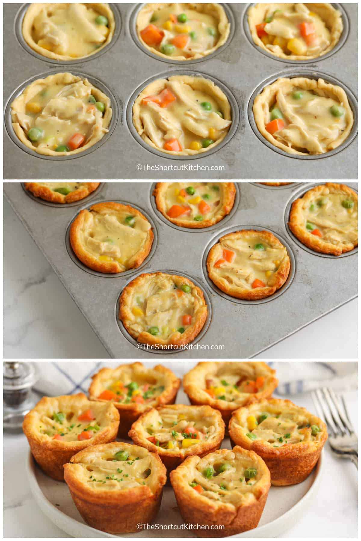 muffin tins lined with mini chicken pot pies before baking, after, and on a white plate.