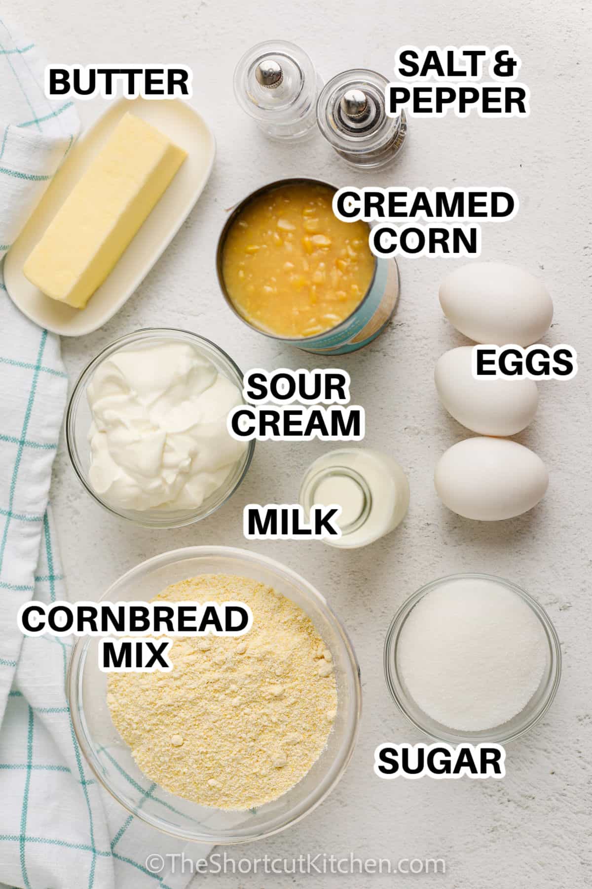 Corn Pudding Casserole ingredients with labels