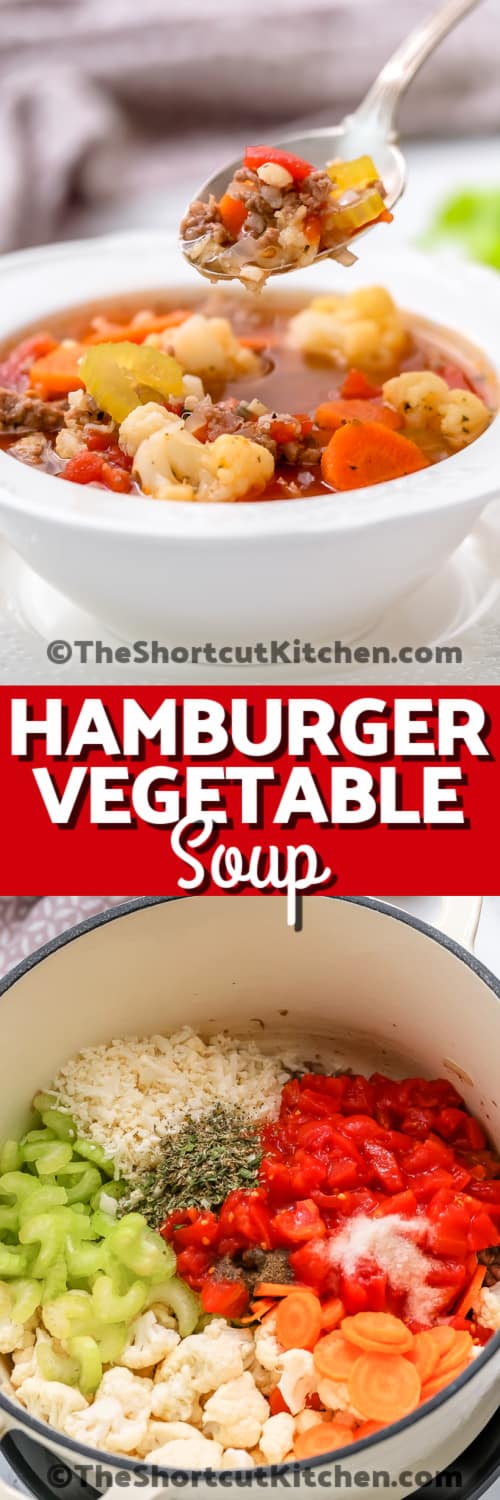 Top image - a bowl of Low Carb Hamburger Vegetable Soup. Bottom image - Low Carb Hamburger Vegetable Soup ingredients in a stock pot with writing