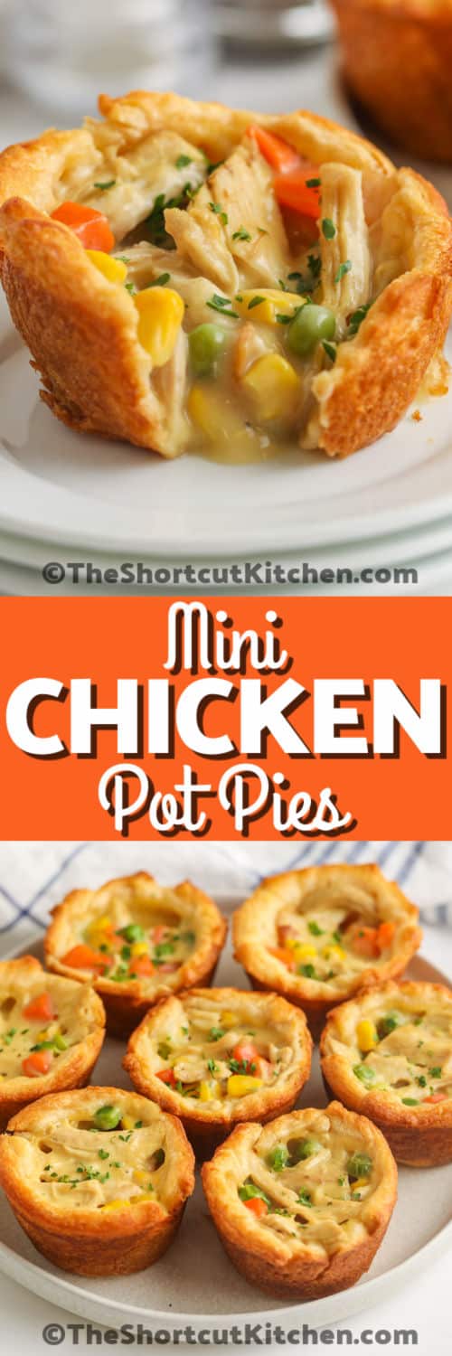 Mini Chicken Pot Pies on a plate and close up of one with a bite taken out and writing