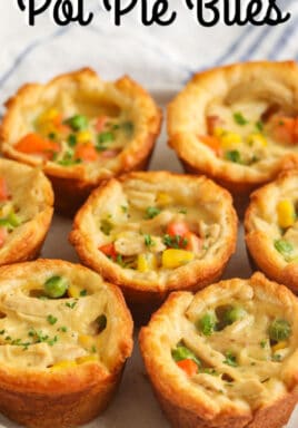 Mini Chicken Pot Pies on a plate with a title