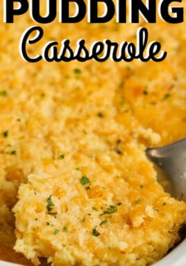 close up of Corn Pudding Casserole with a title