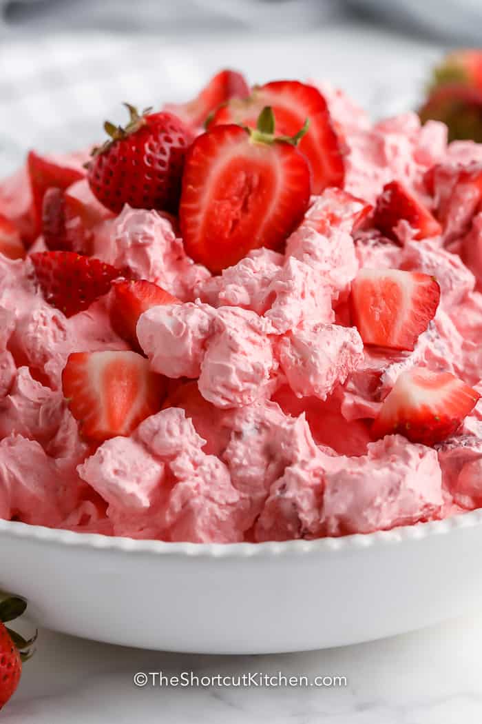 Strawberry fluff salad in a serving dish
