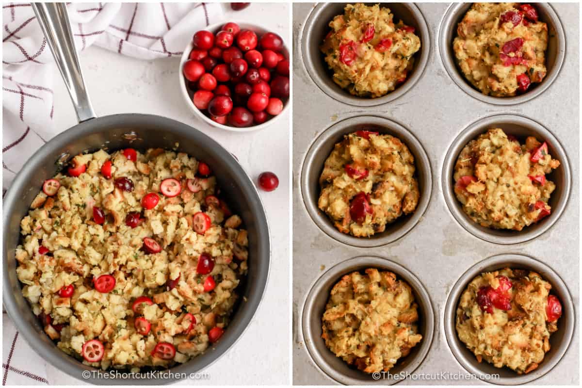 process to make Cranberry Stuffing Muffins, stuffing in a pot with cranberries added, and stuffing muffins in a muffin tin