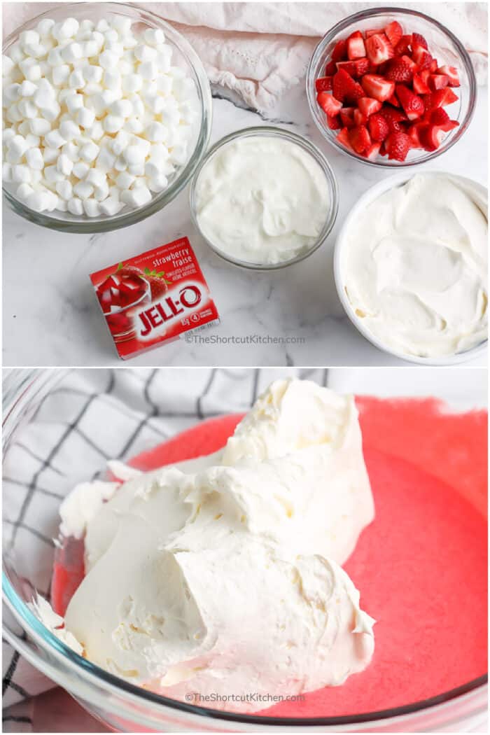 Strawberry fluff ingredients and whipped topping folded into a strawberry jello mixture.