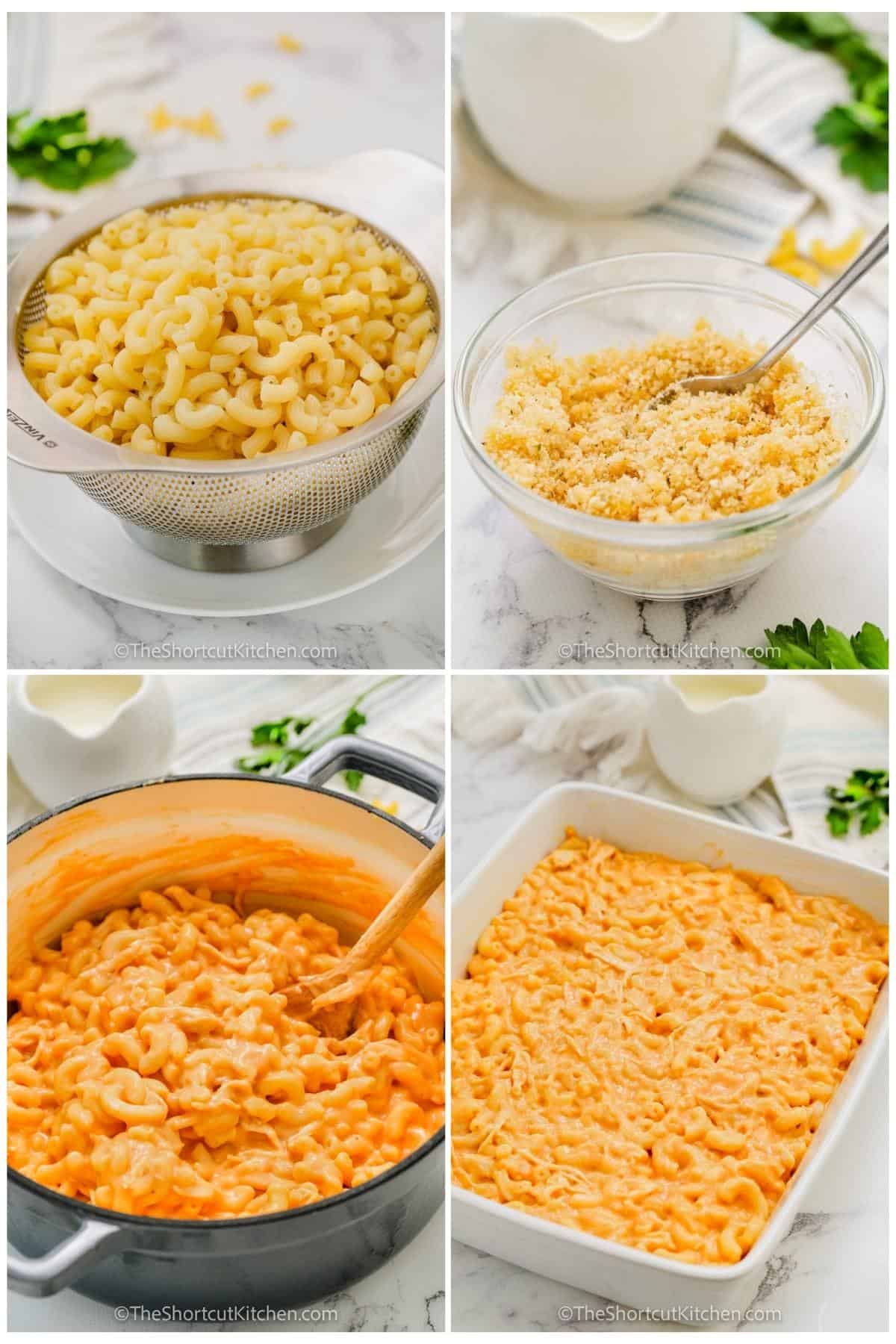 process of adding ingredients together to make Buffalo Chicken Mac And Cheese