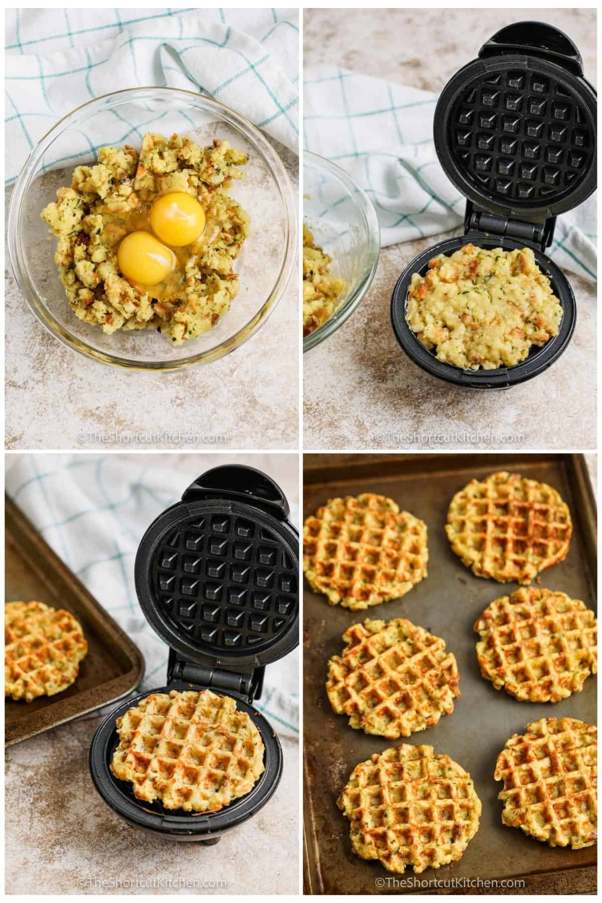 process of adding ingredients together to make Stuffing Waffles