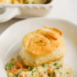 A serving of Biscuit Turkey Casserole on a white dish