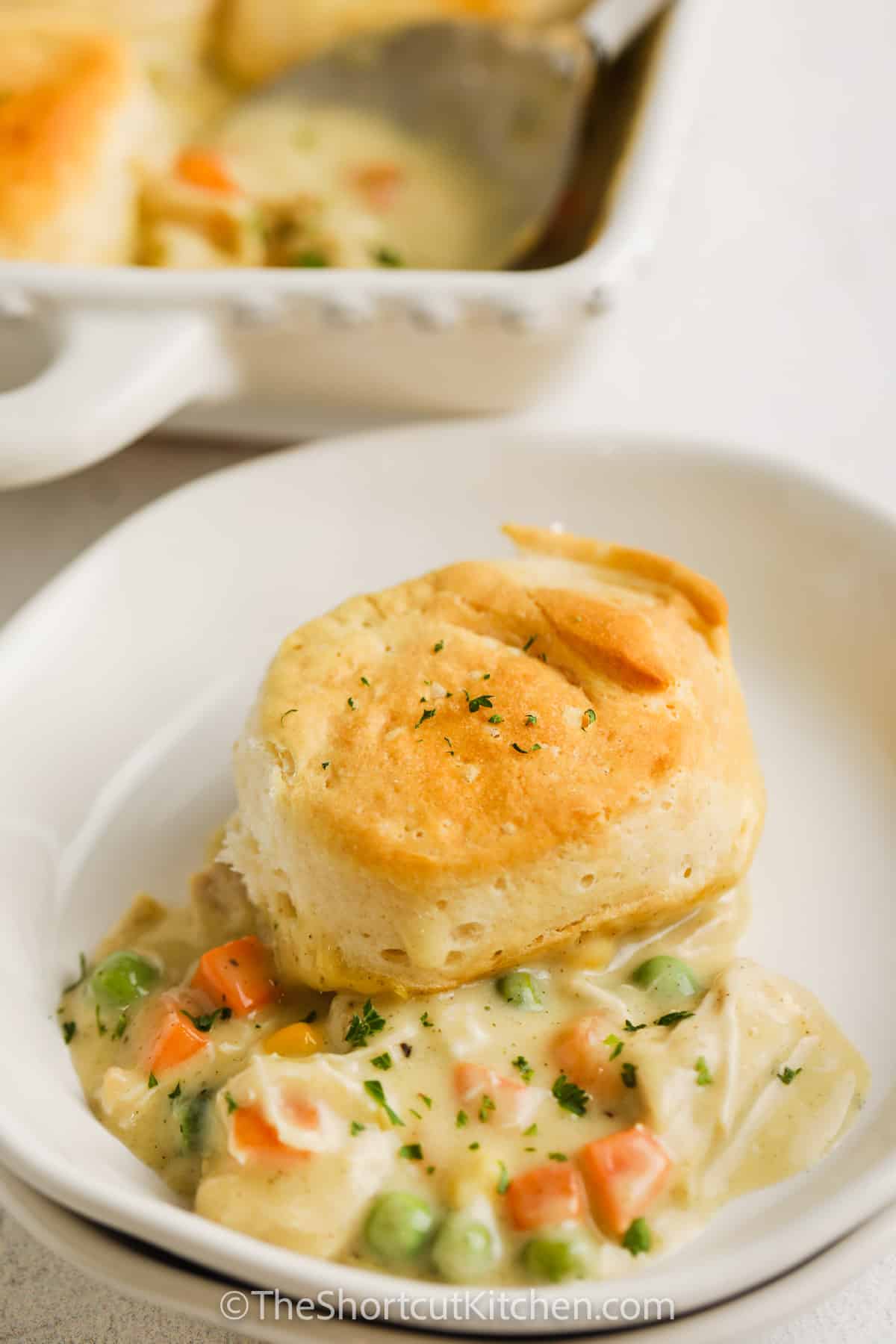 A serving of Biscuit Turkey Casserole on a white dish