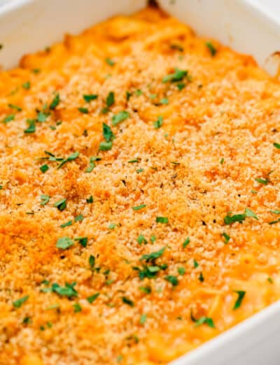 close up of cooked Buffalo Chicken Mac And Cheese