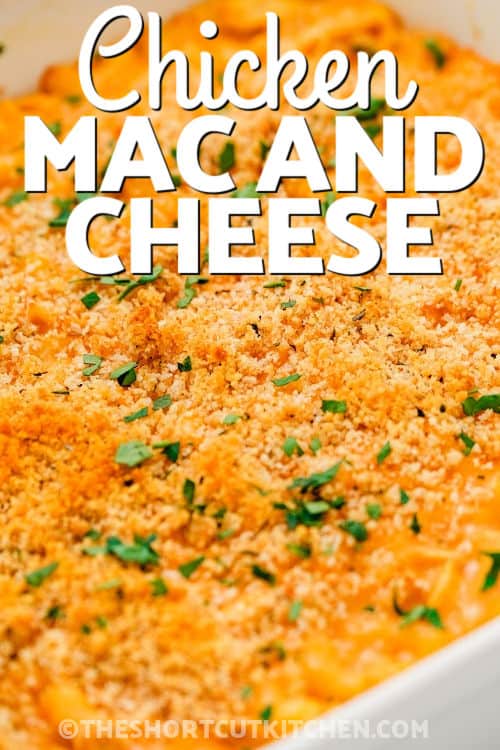 Buffalo Chicken Mac And Cheese in the pan with a title