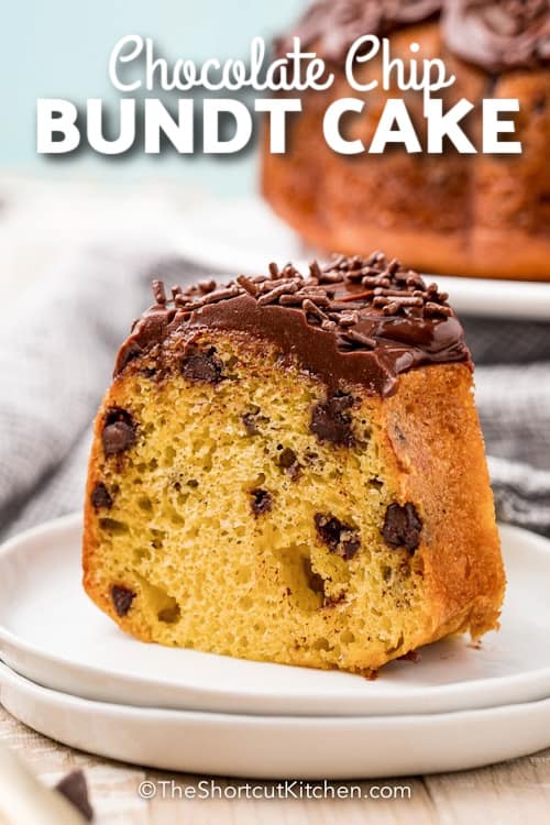 slice of Chocolate Chip Bundt Cake with text