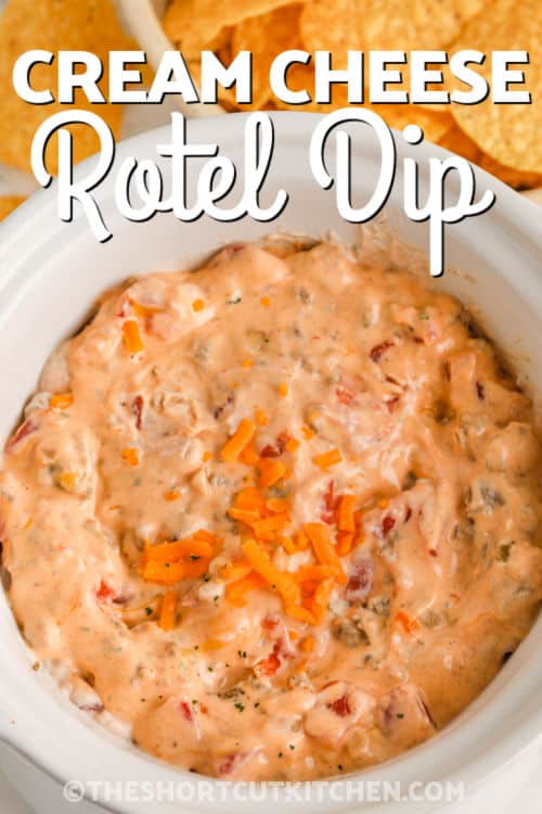 plated Cream Cheese Rotel Dip Recipe with a title