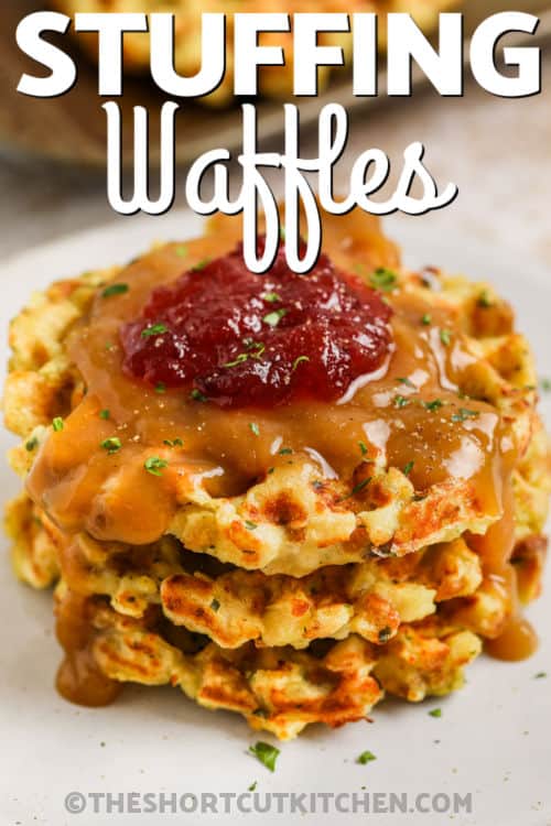 close up of Stuffing Waffles with a title