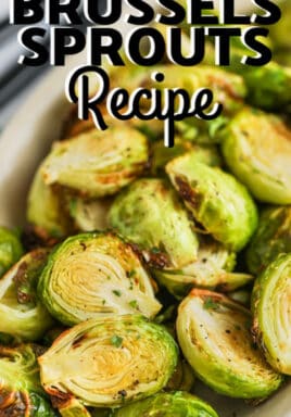 plated Air Fryer Brussel Sprouts Recipe with writing