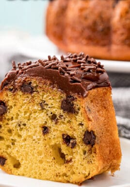 Chocolate Chip Bundt Cake on a while plate with text