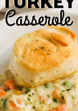 close up of plated Biscuit Turkey Casserole with a title