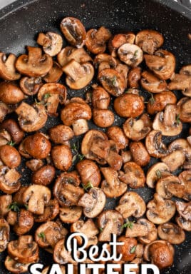 Sauteed Mushrooms in a pan with writing