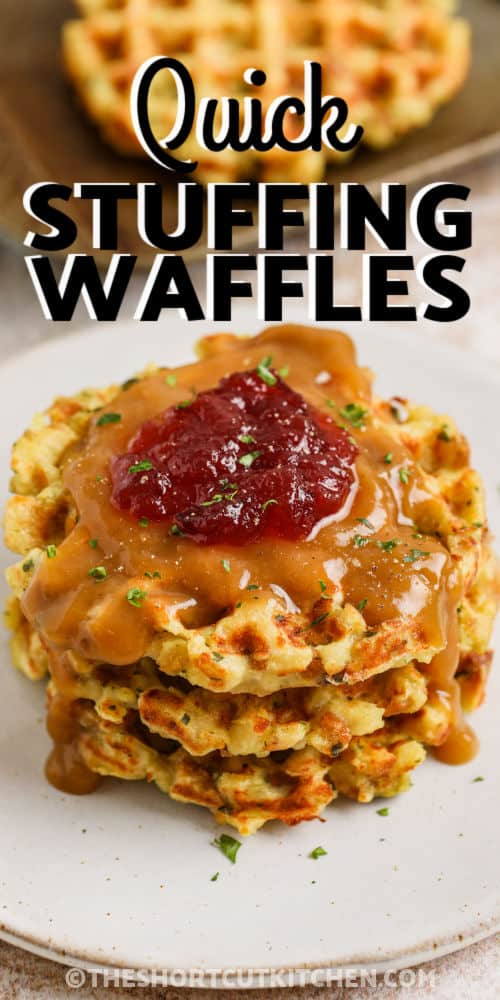 cooked Stuffing Waffles on a plate with writing