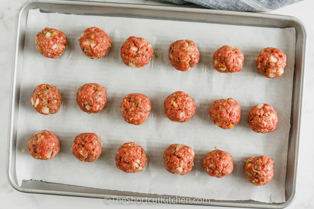 Simple Meatball Recipe on a baking sheet before cooking
