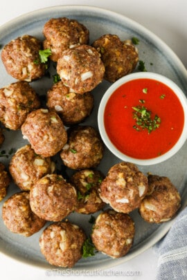 Simple Meatball Recipe on a plate with dip