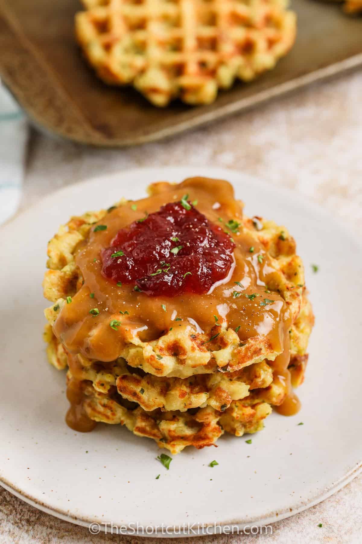 Stuffing Waffles with gravy and cranberry sauce