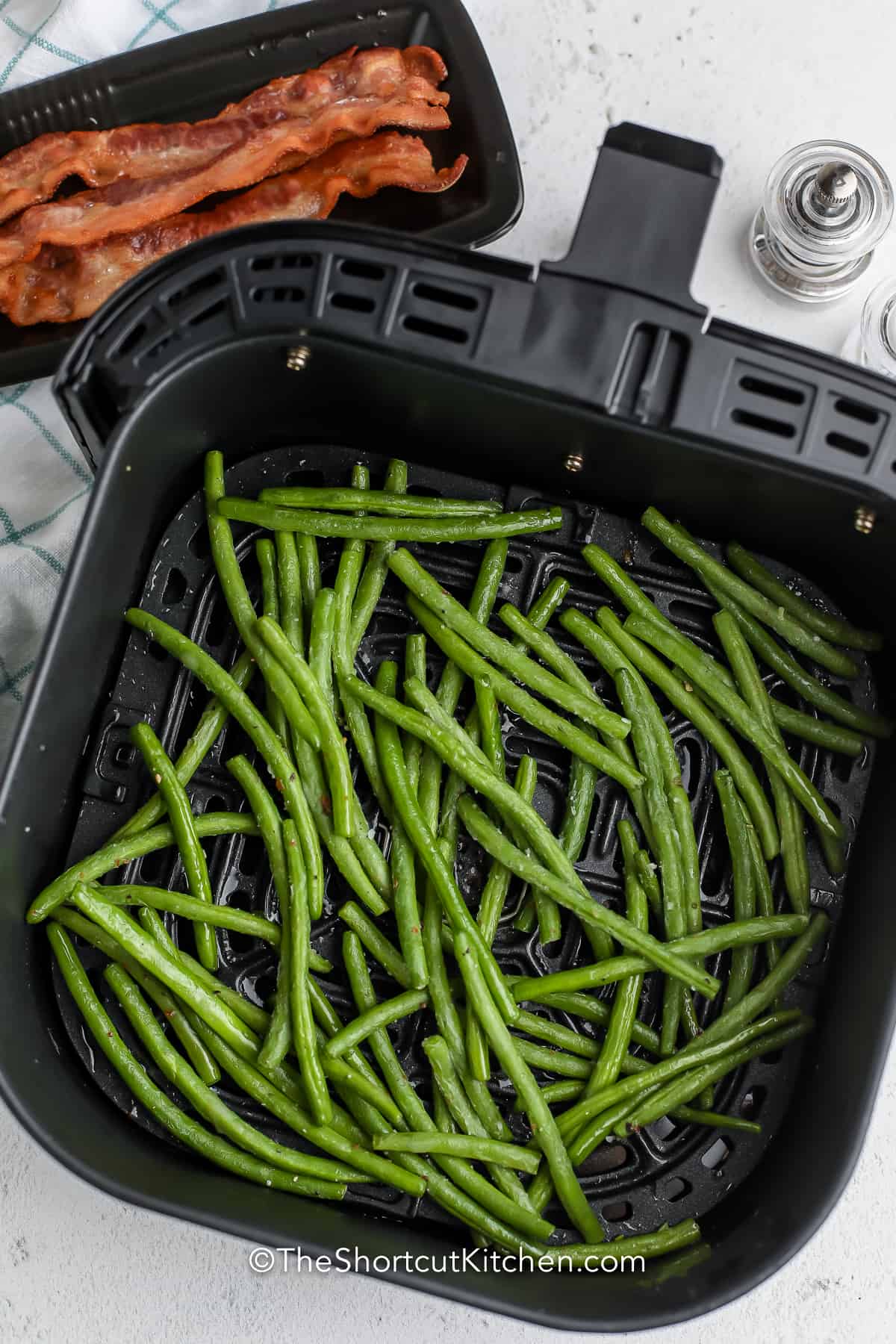Green Beans and Bacon cooked in an air fryer
