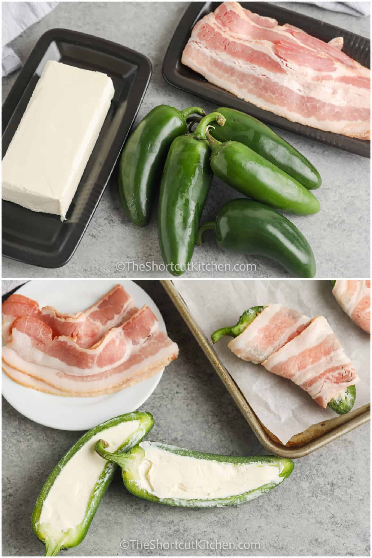 ingredients to make Bacon Wrapped Stuffed Jalapenos, and the process to make them.