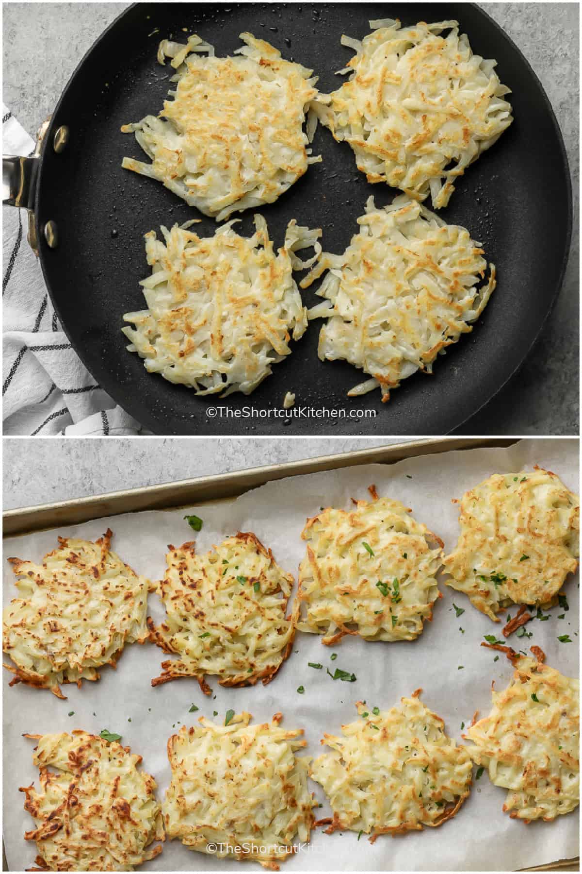 homemade hash brown patties cooking in a fry pan, and set on a parchment lined cookie sheet