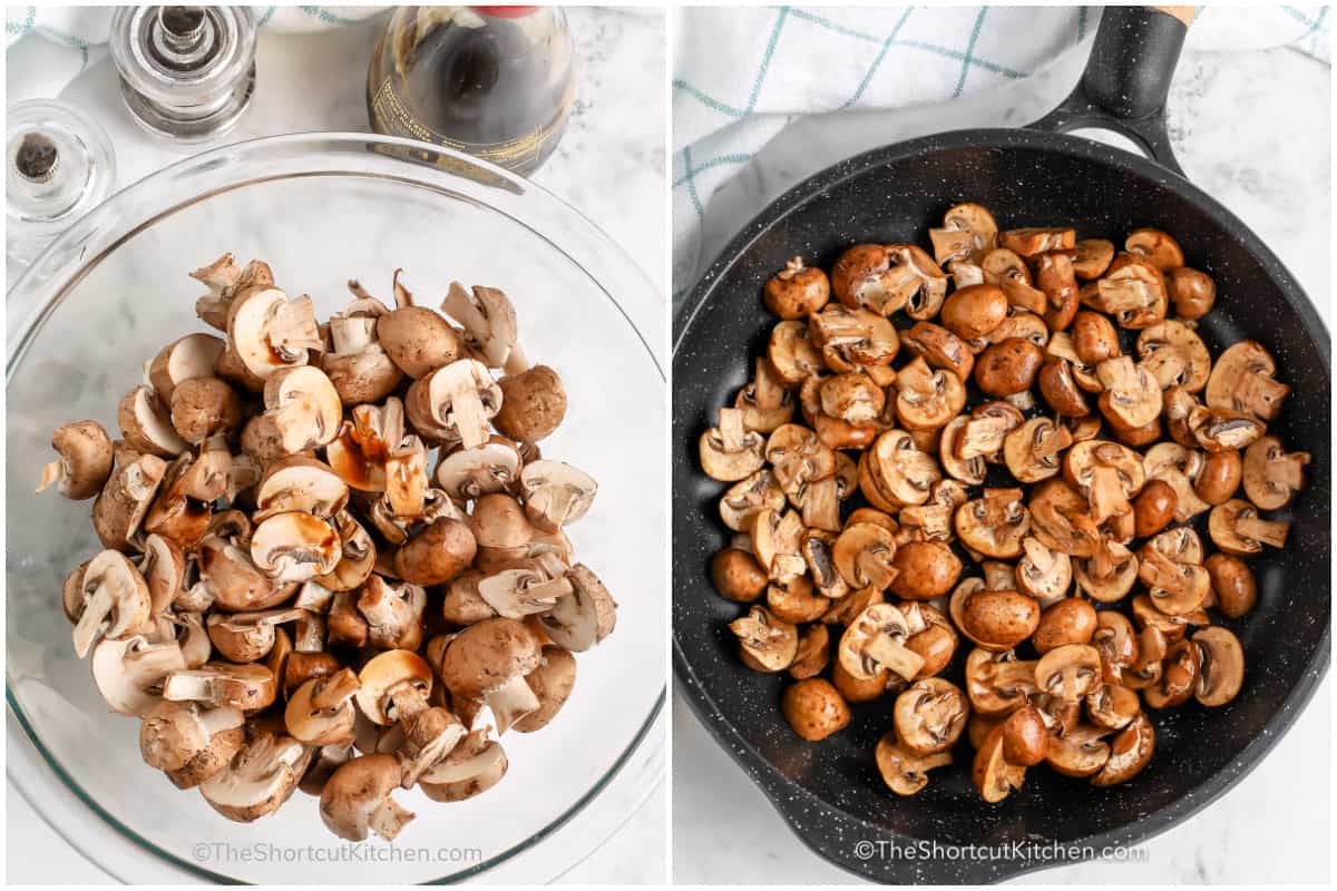 Sauteed Mushrooms in a bowl coated with seasonings, and in a pan
