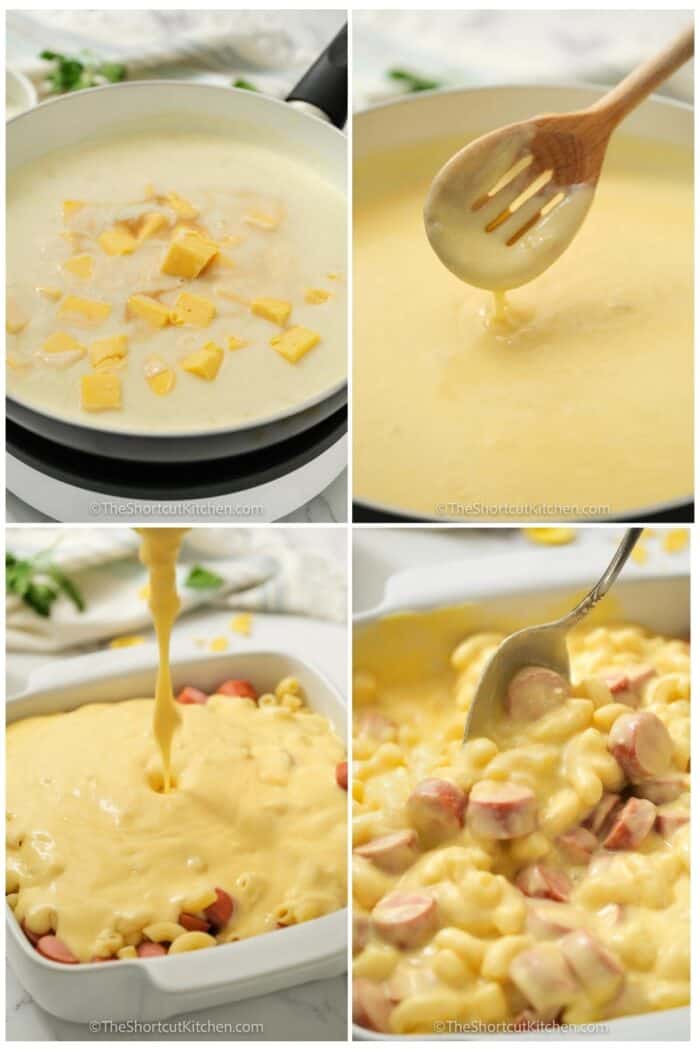 process of adding ingredients together to make Mac and Cheese Hot Dog Casserole