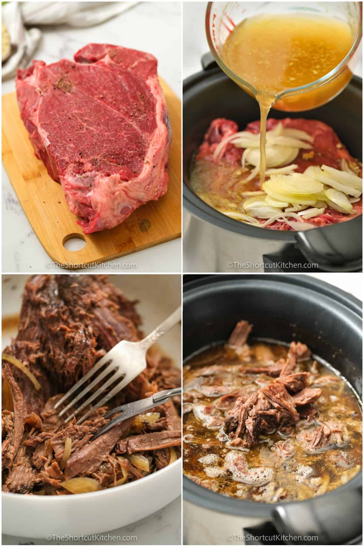process of adding ingredients to slow cooker and shredding beef to make Crock Pot French Dip Recipe