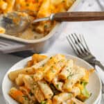 A serving of Chicken Broccoli Ziti on a plate