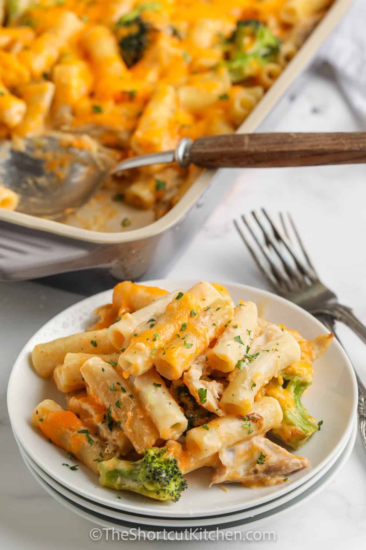 A serving of Chicken Broccoli Ziti on a plate