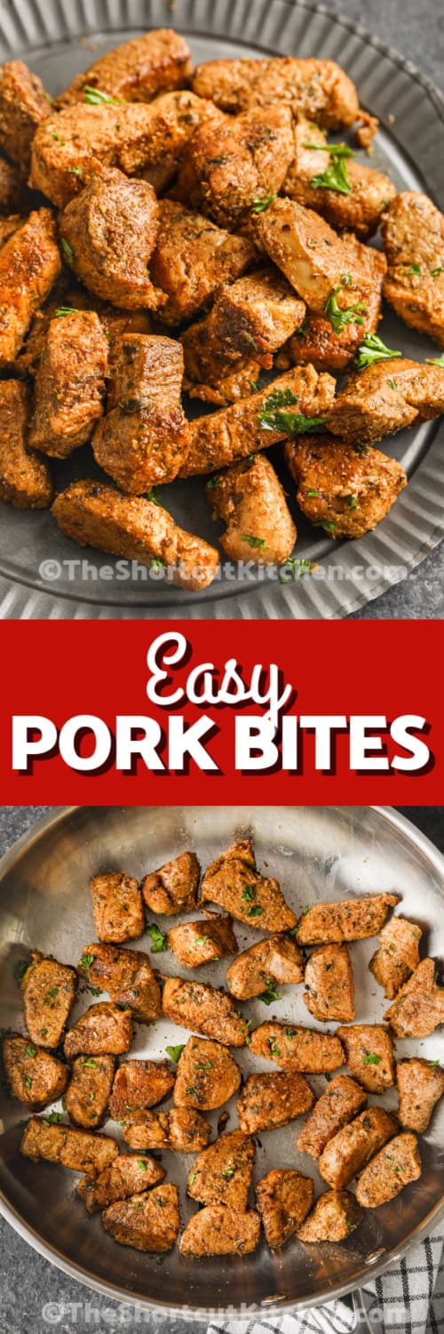 Top image - pork bites on a plate. Bottom image - pork bites being prepped in a pan with writing