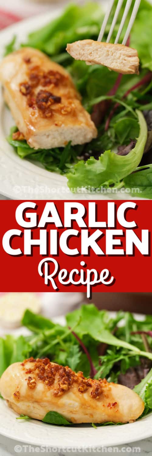 Sweet Garlic Chicken Recipe on a plate and fork with a title