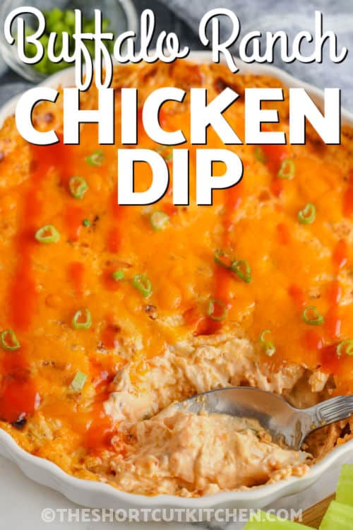 plated Buffalo Ranch Chicken Dip with writing