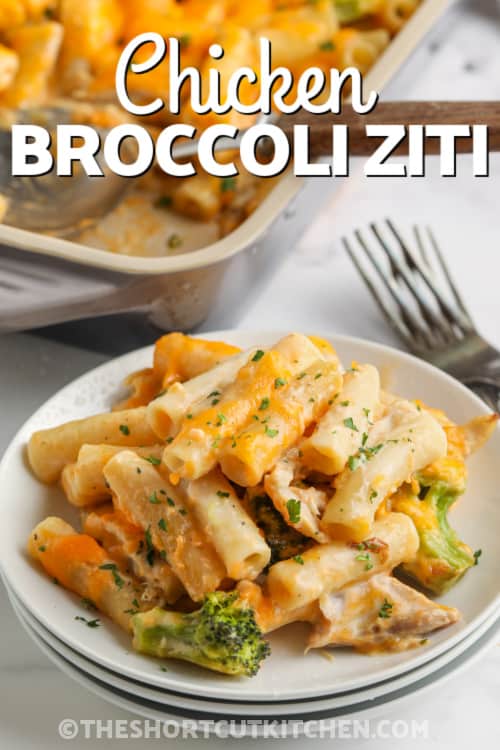 A serving of Chicken Broccoli Ziti with writing