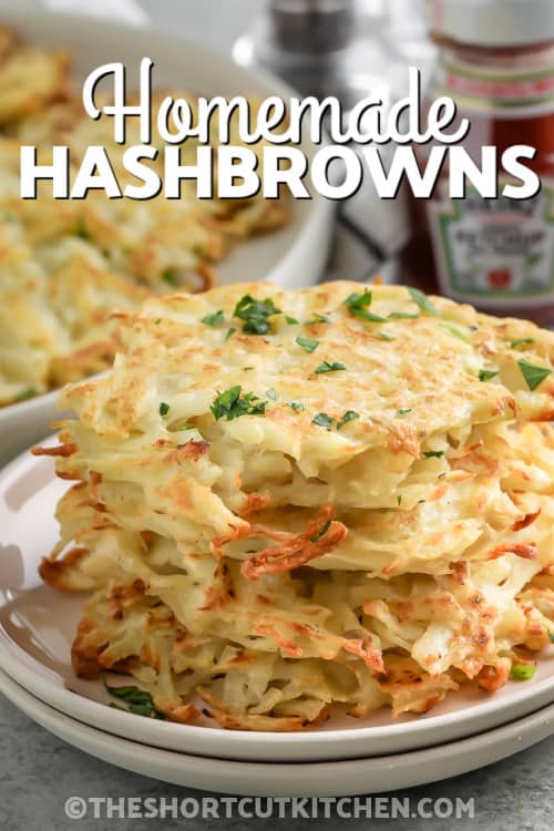 Homemade hashbrowns on a plate with writing