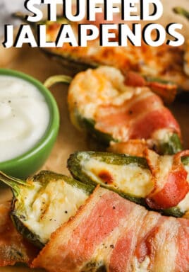 a plate of Bacon Wrapped Stuffed Jalapenos with writing