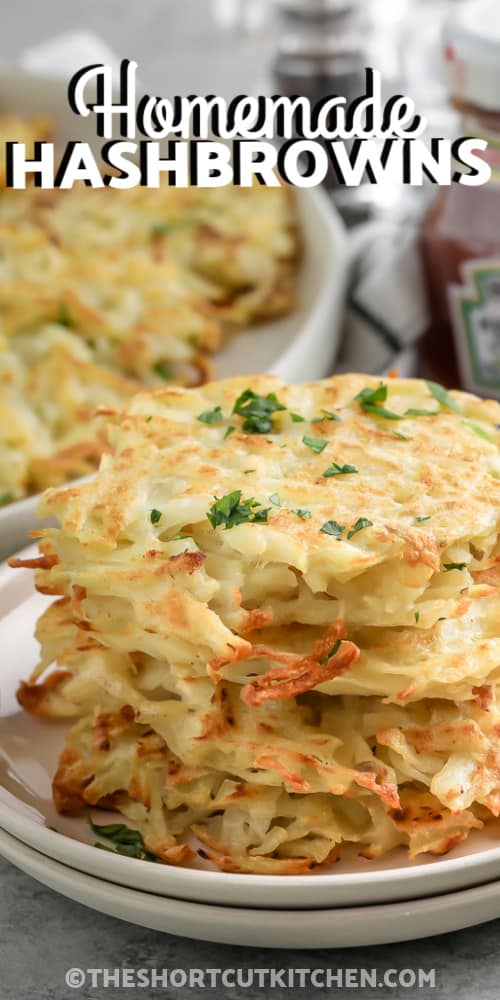 Homemade Hashbrown Patties on a plate with writing