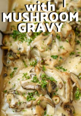 Pork chops with mushroom gravy in a casserole dish with writing