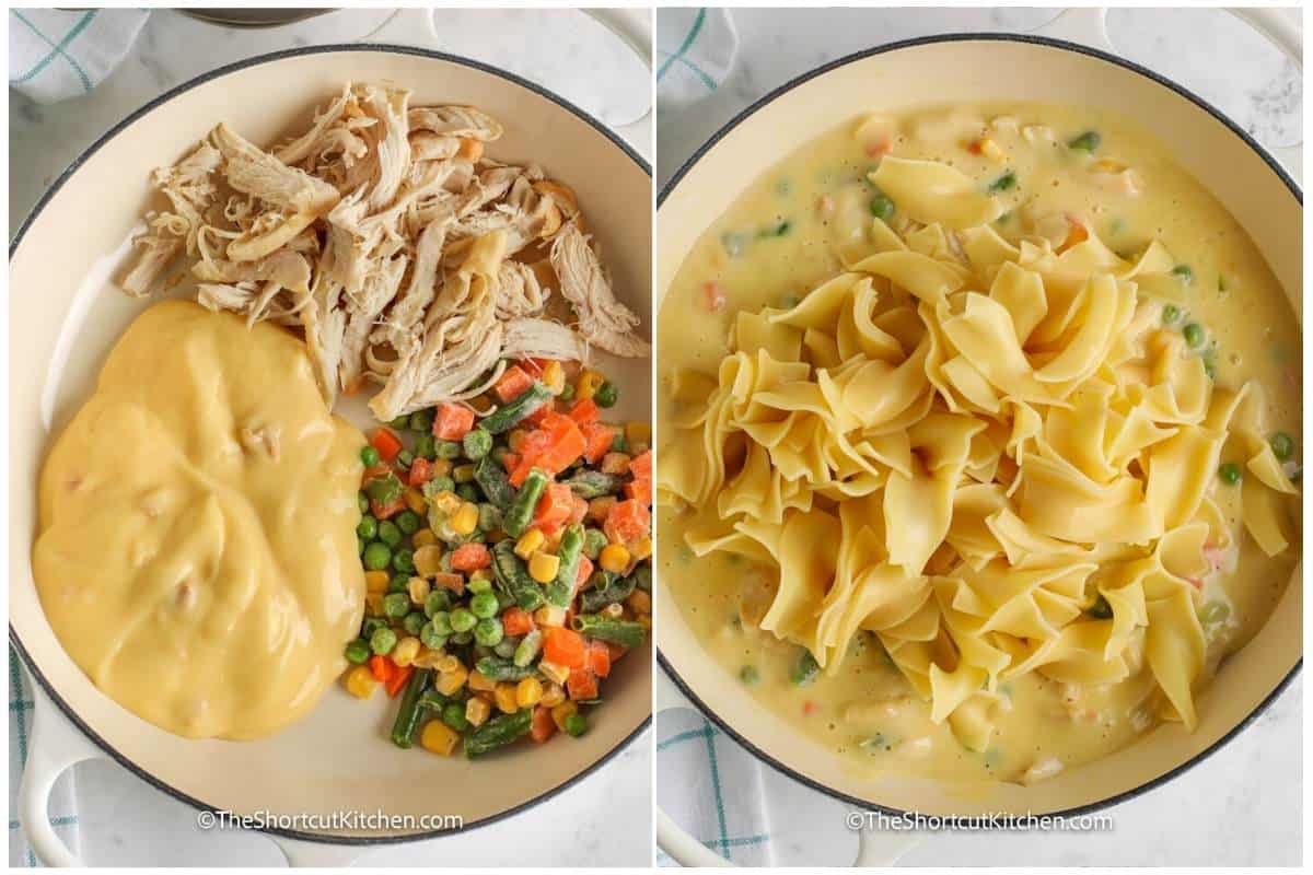 adding ingredients to pot to make Chicken And Egg Noodles