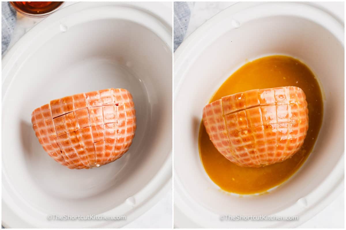 Ham in a crockpot before glaze applied and after it is applied, to make Crockpot Brown Sugar Ham
