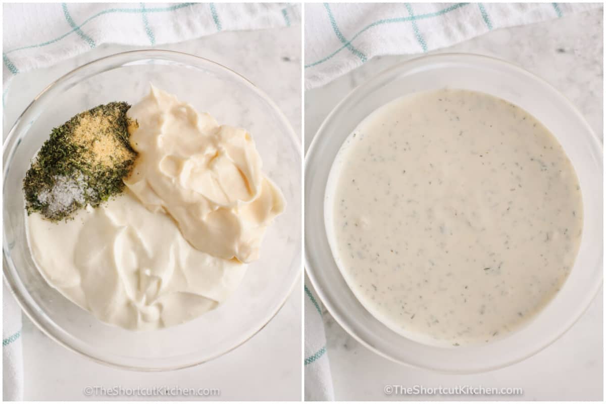 ingredients for homemade chip dip in a bowl before and after being mixed together.