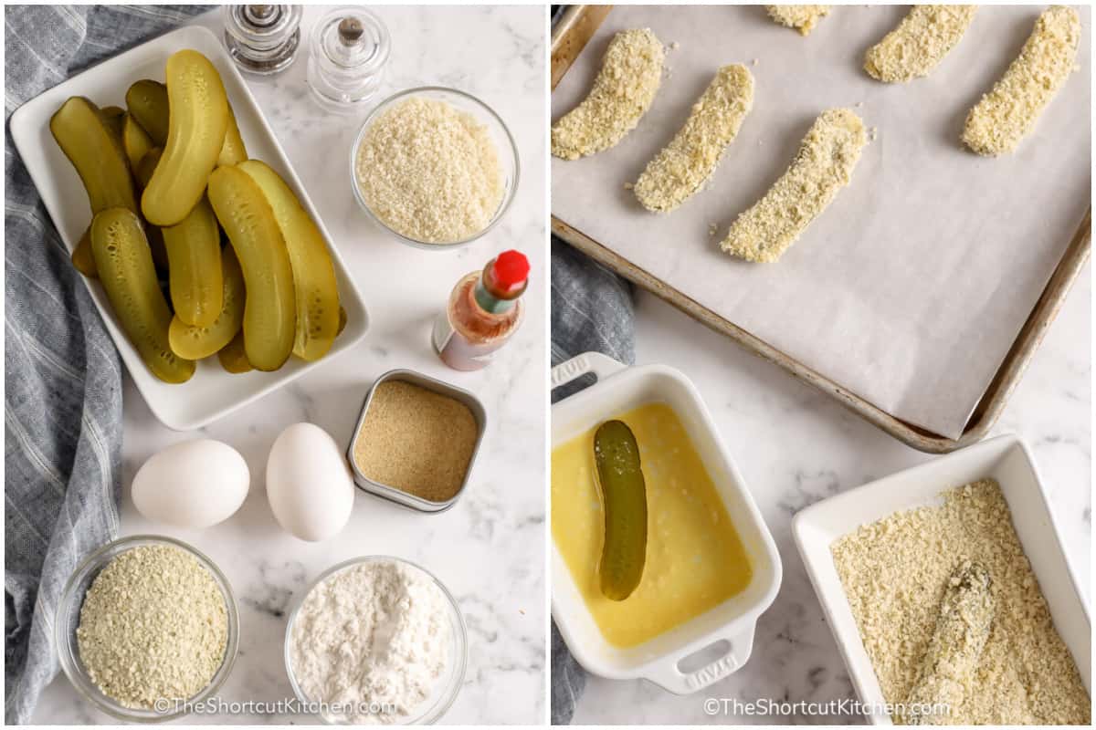 ingredients to make oven fried pickles, and the process to bread them before baking