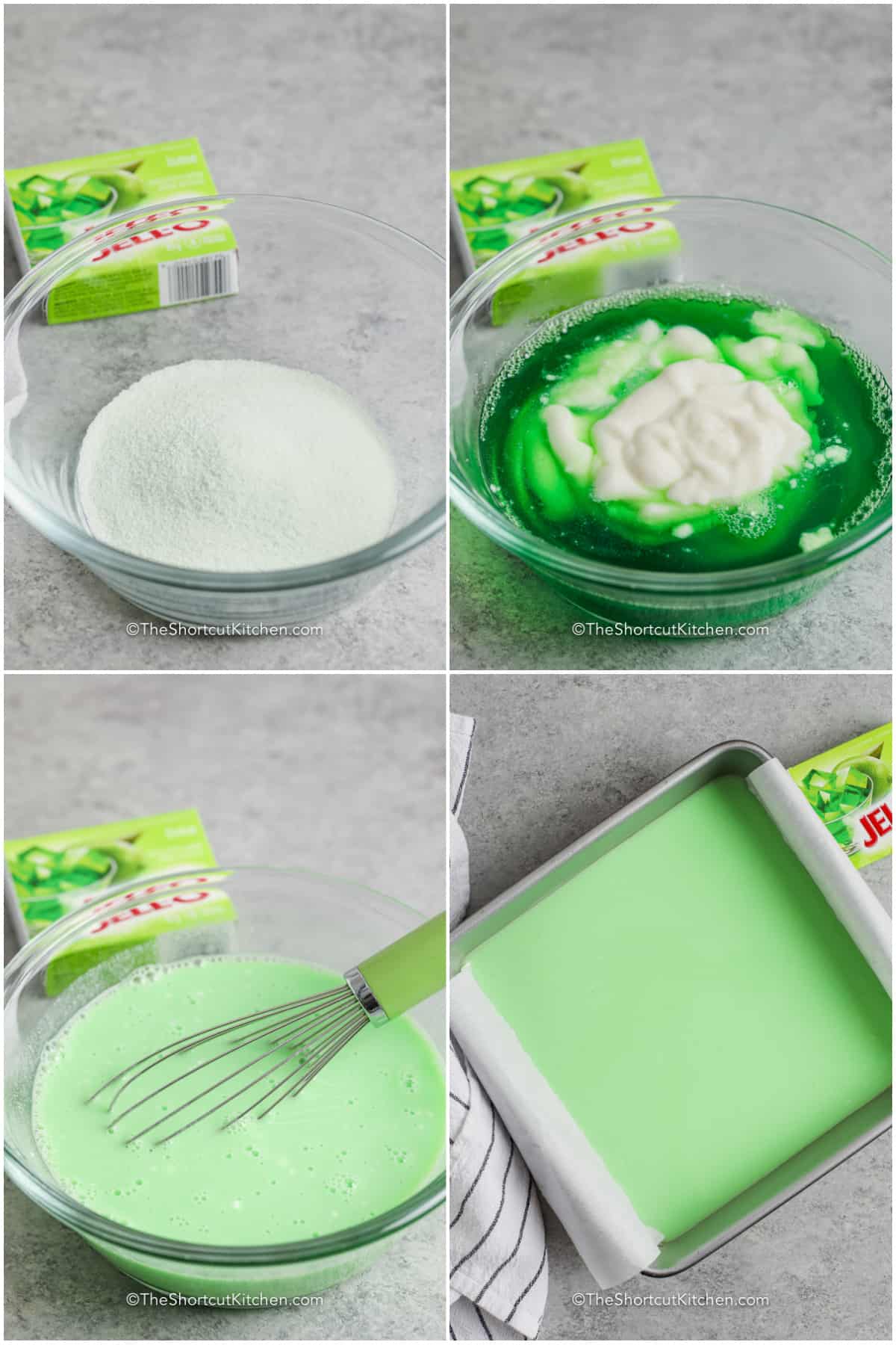 Four images showing the steps to prepare the jello mixture